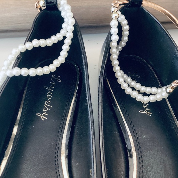 Womens Sz 8 Cap Toe Ankle Pearl Chain Charm Ballerina Flats Black Patent Leather - Picture 11 of 16